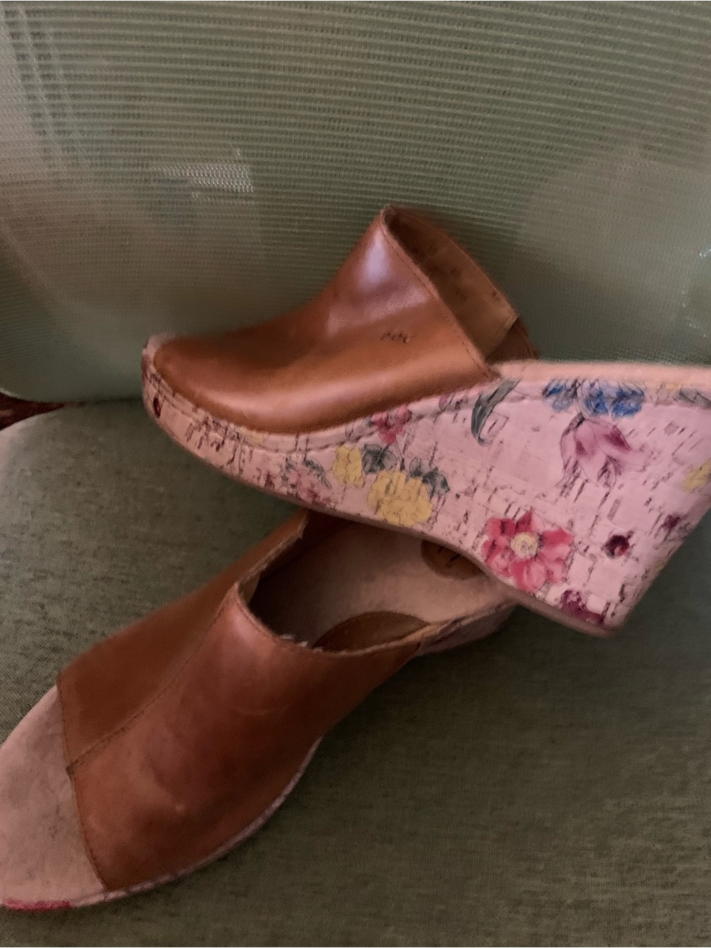 BOC Brown Leather Wedge Mules with Floral Cork Platform